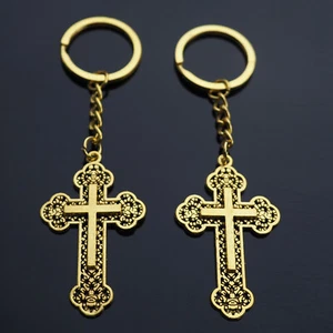 2x PCS Cross Design Christian Keychain Pendant Charm Gift Key Chain Ring - Gold - Picture 1 of 12