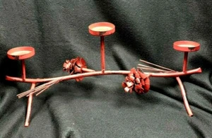 Rustic Metal Tri Candle Holder Candelabra Red over Black Paint Of Pine Bough 16" - Picture 1 of 5