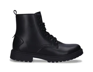 Botas al tobillo en cuero vegano negro robustas planas motero militar combate - Imagen 1 de 8