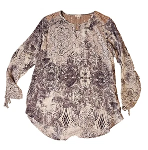 Tribal Jeans Tunic Shirt Women L Laser Cut Suede Detail Boho Fairy Flowy Hippie - Picture 1 of 7