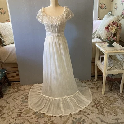 VTG 70s Gunne Sax Wedding Dress By Jessica Gauze Ivory Lace Bodice Hippie Boho - Image 1 of 4