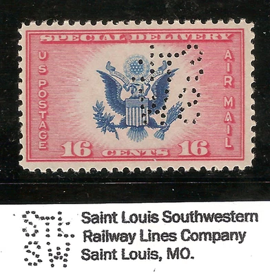 Scott #CE2 16c Air Mail Special Delivery Stamp with Saint Louis Railway Perfin - Image 1 of 2