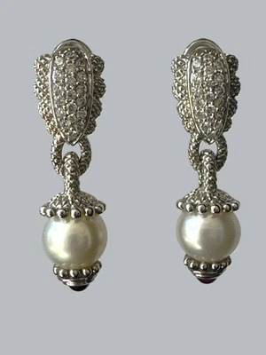 Judith Ripka  Gorgeous Earrings 925SS Pearl 9.5mm Rhodolite CZ Dandle Drop - Image 1 of 4