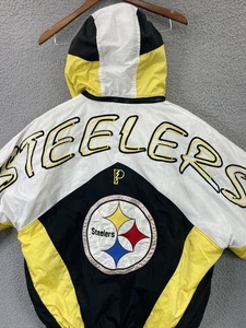 🔥 Giacca con cappuccio vintage anni 90 Pro Player NFL Pittsburgh Steelers Script Puffer L - Foto 1 di 19