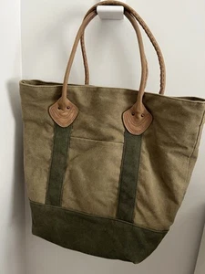 LL Bean Canvas Khaki Green Leather-Handle Boat Tote Plaid Flannel Lined Bag - Picture 1 of 13