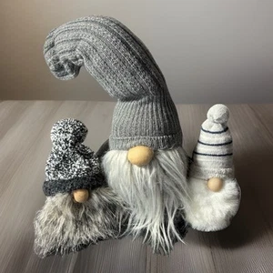 Lot 3 Plush Gnomes Gray White Black Winter Decor Fantasy Handmade Socks - Picture 1 of 9