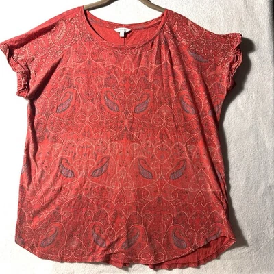 Lucky Brand Shirt 2X Red Bandana Split Hem Boho Knit Top Comfy XXL Paisley - Image 1 of 4