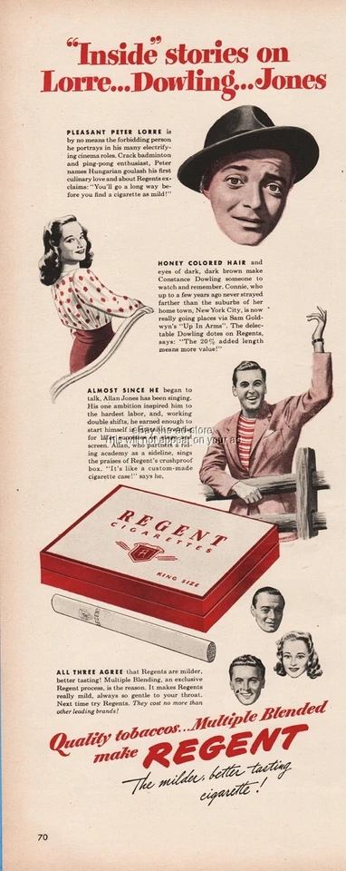 1944 Regent Cigarettes Peter Lorre Constance Dowling Allan Jones anúncio de estrelas de cinema - Imagem 1 de 1