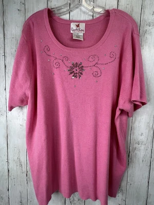 Quacker Factory 2X Pink Light Sweater Beads Sparkle Floral Classic Short Sleeve - Image 1 of 4