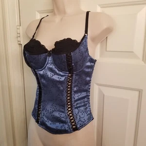 Satin Korsett Dessous Marke Shirley blau mit schwarzem Blumen-Overlay Gr. 36 - Bild 1 von 12