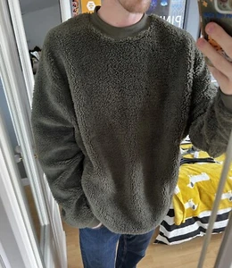 ASOS Khaki Green fleece jumper Men’s Large Warm Winter Pocket Fur Comfy XL - Picture 1 of 10