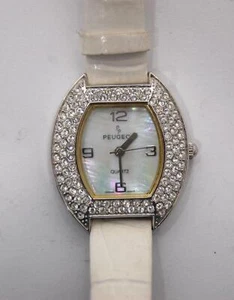 Peugeot Womens Wrist Watch Crystal Quartz Mother of Pearl Dial White Leather - Picture 1 of 8