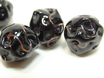 6 VENETIAN MURANO 复古艺术玻璃珠巴洛克黑色带金色 13-14 毫米 — 第 1/4 张图片