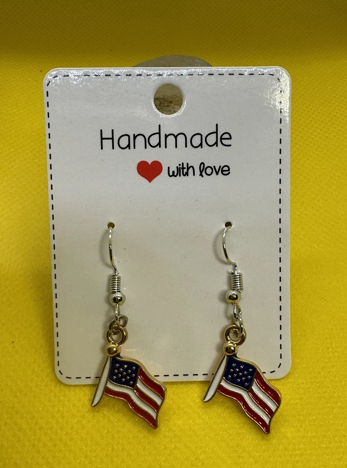 4th July Red, White & Blue Flags Nickel Free Handmade Dangle/Fishhook Earrings - Image 1 of 1