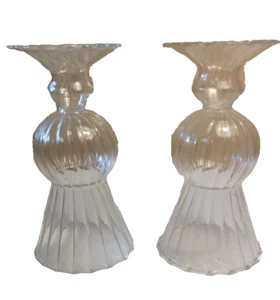Vintage Set of 2 French Art Glass Clear Swirl Candle Holders or Vase 5.5'' - Picture 1 of 6