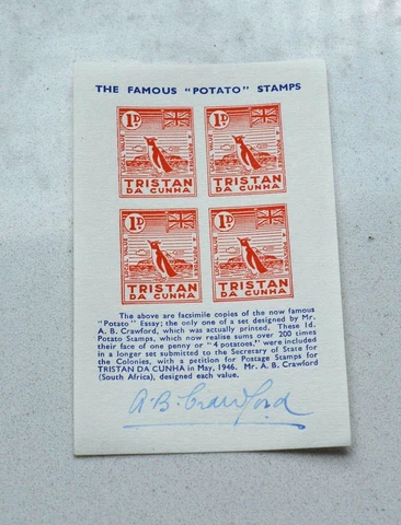 RARE TRISTAN DA CUNHA POTATO STAMP SHEET, SIGNED BY DESIGNER AB CRAWFORD, NICE! Cover