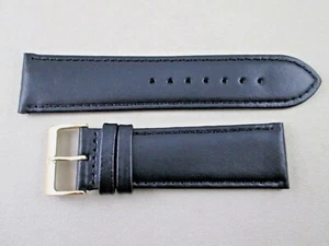 24mm men's black soft genuine leather watch band strap black stitches - Picture 1 of 5
