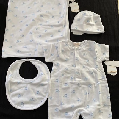 Kissy Kissy NWT White/Blue Whale Romper Bib Hat Blanket Boxed Set -6-9 Mos - Image 1 of 4
