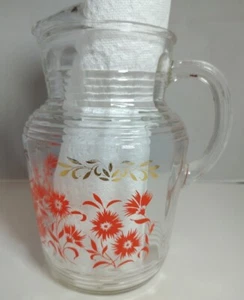 Anchor Hocking Pitcher Red Flowers Gold Scroll Trim - Picture 1 of 8