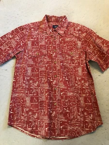 Basic Editions Shirt Men's Medium Mexico Palm Pattern Red Button Up Collared Top - Picture 1 of 4