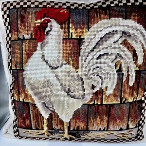 Needlepoint Pillow Rooster Design French Country Granny Core Farm Chicken Wool - Picture 1 of 5