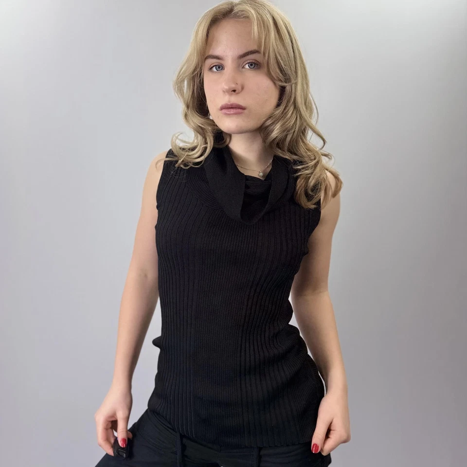 Joseph A. Top de punto acanalado negro sin mangas con cuello capucha - TALLA M Foto 1 de 4