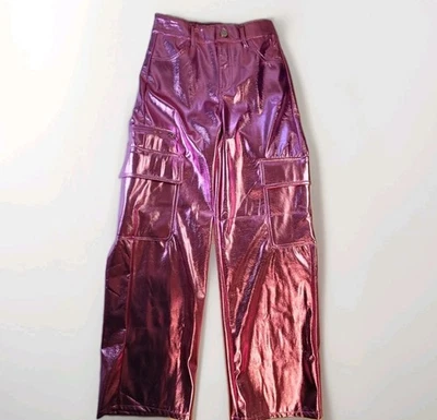 No Boundaries PINK Wide Leg Cargo Pants For Women Faux Leather Look Size XXS - Image 1 of 4