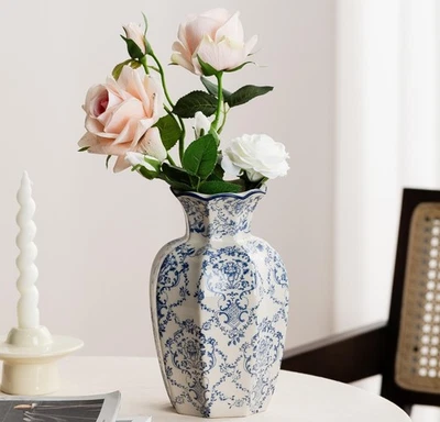 Blue and White Vase, Vintage Blue Ceramic Flower Vessel,Ceramic vases for Hom... - Image 1 of 4