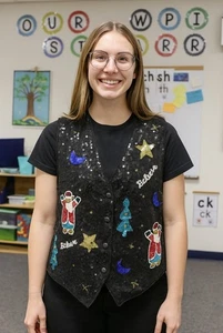 The Quacker Factory Vintage schwarz Urlaub Santa Pailletten Lehrer Weste L - Bild 1 von 7