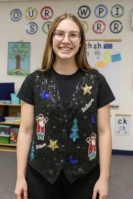 The Quacker Factory Vintage Black Holiday Santa Sequin Teacher  Vest L - Image 1 of 4