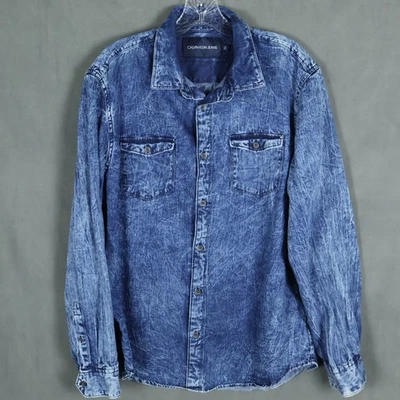 Calvin Klein Jeans Shirt Mens Large Blue Chambray Acid Wash Denim Preppy Boho - Image 1 of 4