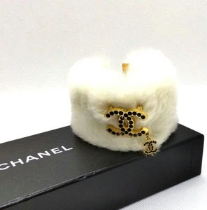 Chanel Coco Mark White Rabbit Fur Bracelet Bangle 7.6" with Charm Used - Picture 1 of 7