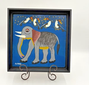 Pintura al óleo M. Awazi Tingatinga elefante y pájaros sobre masonita firmada 12"x12" - Imagen 1 de 6