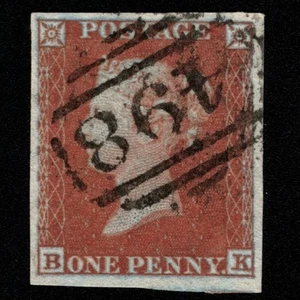 SG8 (B2) 1d Red Imperf Plate 141 - BK - 4 Margin - Very fine - 498 Manchester - Picture 1 of 2