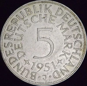 1951-J Alemania plata 5 marcos - km # 112,1 - AU- (XF+) - Imagen 1 de 3