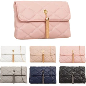 Quilted Faux Leather Tassel Clutch Bag Evening Wedding Prom Races Handbag - Picture 1 of 9
