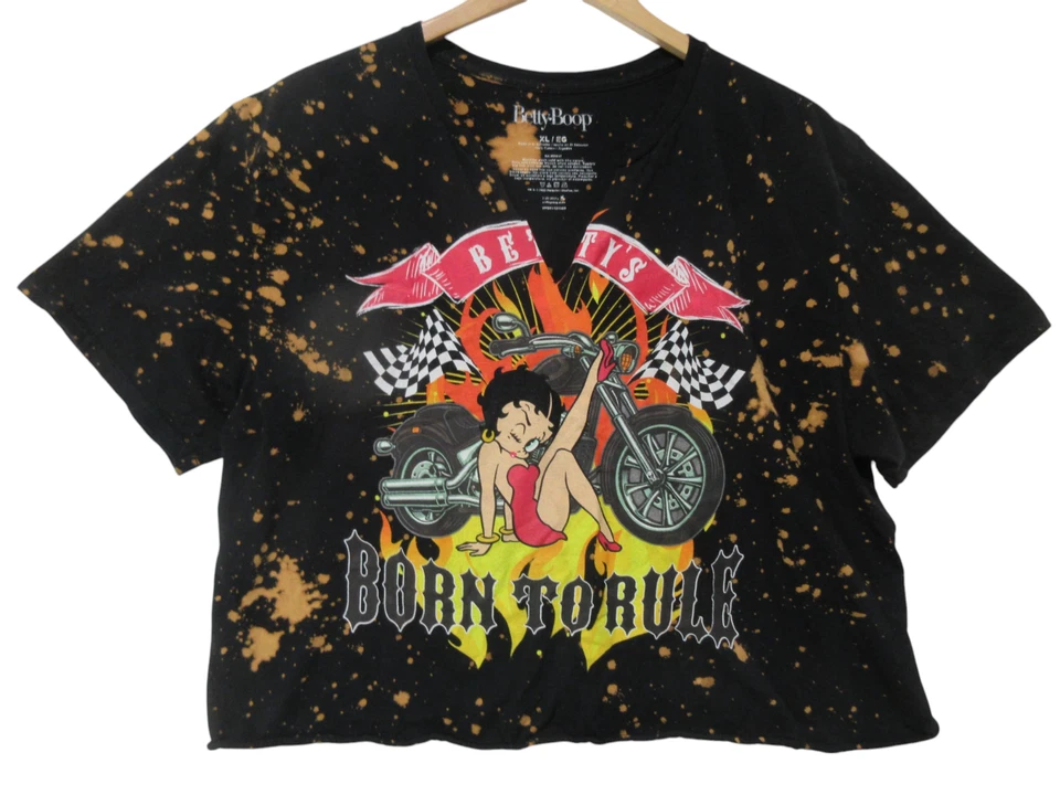 Talla XL Betty Boop Mujer Gráfico Camiseta Bicicleta BORN TO RULE Negro Tie Dye Crop Foto 1 de 4