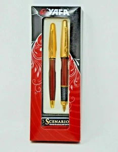 Yaffa Scenario Fountain & Ballpoint Set Bordeaux & Gold New In Box - Picture 1 of 3