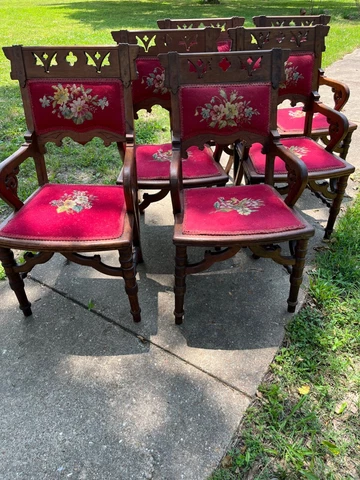 6 Antique Victorian Eastlake Carved Walnut Dining Arm Chairs Needle Point Cover