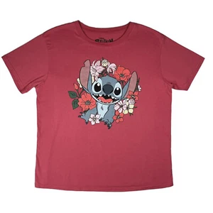 Disney Stitch - Women's Size XL Floral Stitch Graphic S/S Dark Coral T-Shirt - Picture 1 of 10