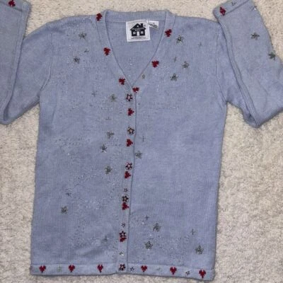 VTG XS Storybook Knits Red White & Blue Patriot Heart Sequin Cardigan Sweater - Image 1 of 4