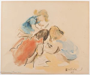 Mid Century George Shellhase Original Watercolor Three Girls Drawing, Signed - Picture 1 of 6