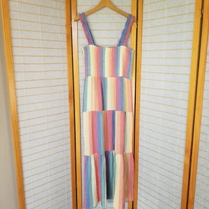 Marine Layer Selene Maxi Dress Rainbow Beachy Stripe Tiered Smocked Size XL NWT - Picture 1 of 12
