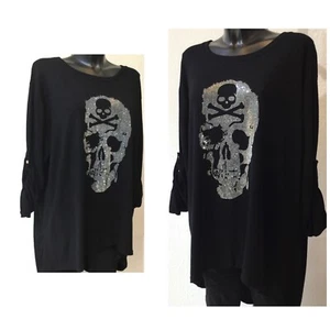Shirt dünne Pullover Oberteil Totenkopf Skull Strass Glitzer Bluse Schwarz Neu - Bild 1 von 7