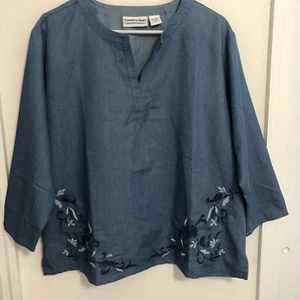 Country Store Chambray Popover Size XL Cotton Tunic Top Floral Embroidered NEW - Picture 1 of 10