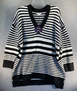 Ava & Viv Pullover Damen Plus 3X schwarz weiß Streifen V-Ausschnitt Pulli weich flauschig - Bild 1 von 13