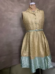 Duro Olowu METALLIC GOLD Fit & Flare FESTIVE BLING COCKTAIL Dress Lined w/Belt 6 - Picture 1 of 6