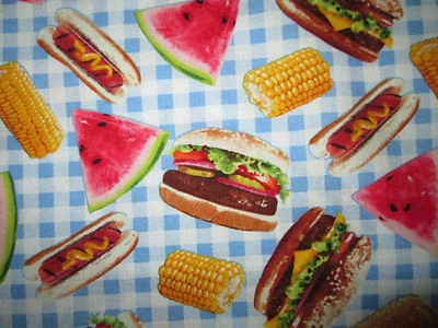 Hamburger Hot Dog Corn Watermelon Picnic Food Corn Blue Checked Cotton Fabric FQ - Image 1 of 4