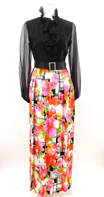 Винтажный женщин 60-х яркий цветочный и черный оборки макси платье с ремнем 1960-х Sz S - Изображение 1 из 4