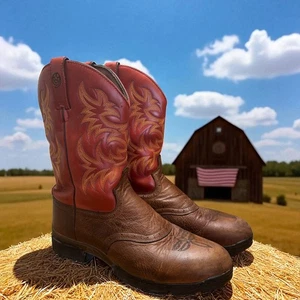 Justin Boots Stampede Red Leather Embroidered Western Pull on Men's 10.5 D USA - Picture 1 of 8